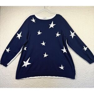 Belle Beach Kim Gravel Sweater Womens 2X Navy White Star Pullover Cotton Blend